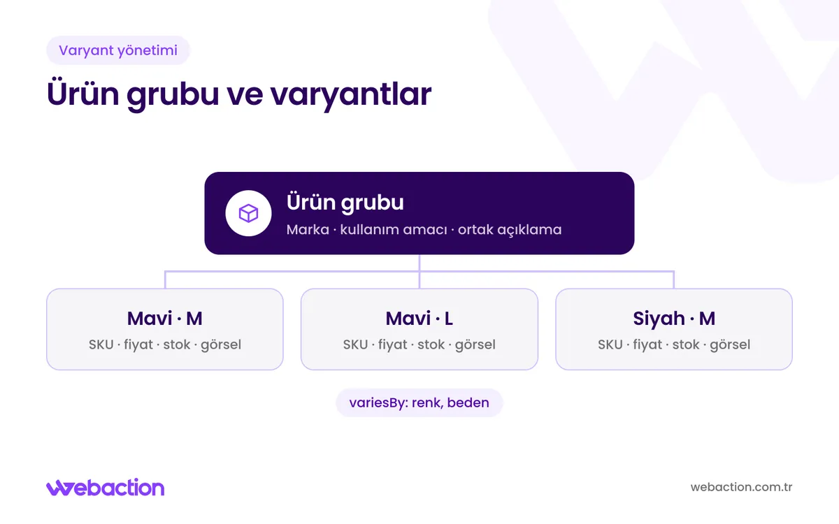 Ortak bilgileri taşıyan ürün grubu ile renk ve bedene göre ayrılan varyantların ilişkisini gösteren şema