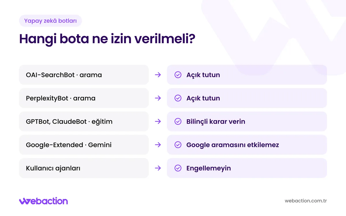 OAI-SearchBot, GPTBot, PerplexityBot, Google-Extended ve kullanıcı ajanları için önerilen erişim kararları