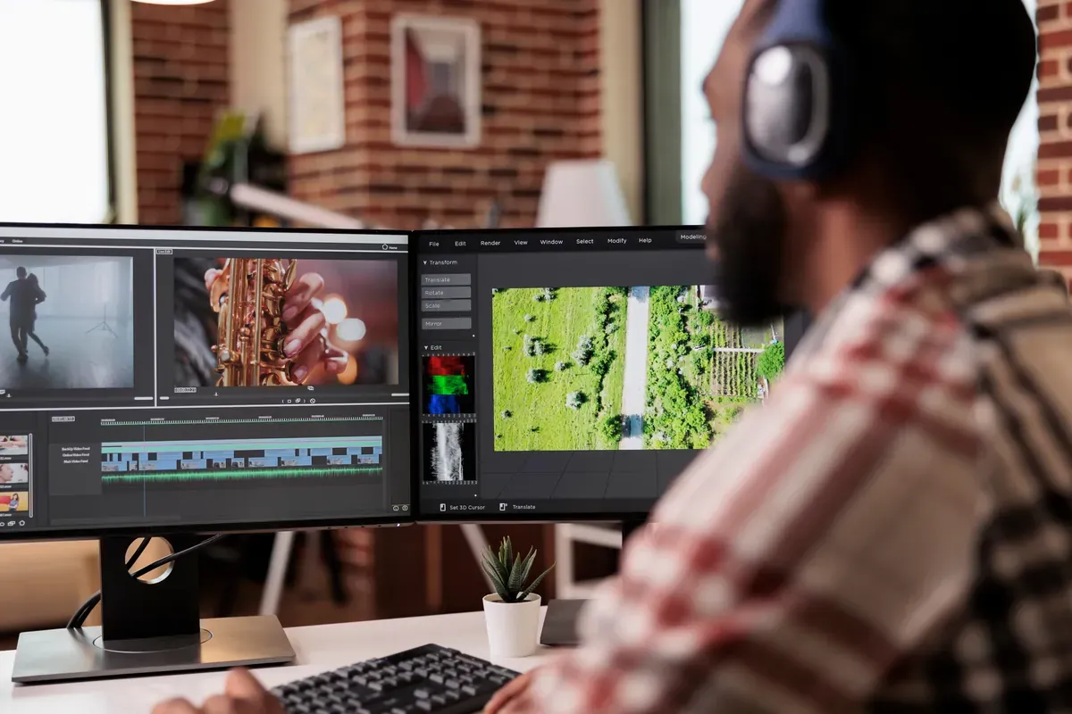 Çift monitörde video kurgu programıyla görüntü ve ses düzenleyen bir içerik üreticisi